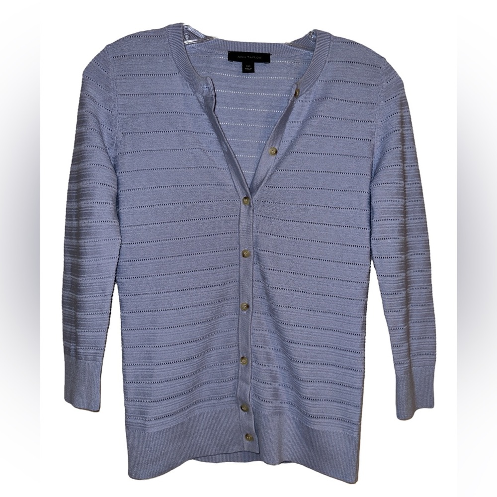 XXS Ann Taylor Knit Cardigan with Stripe Design Light Lavender/Light Blue